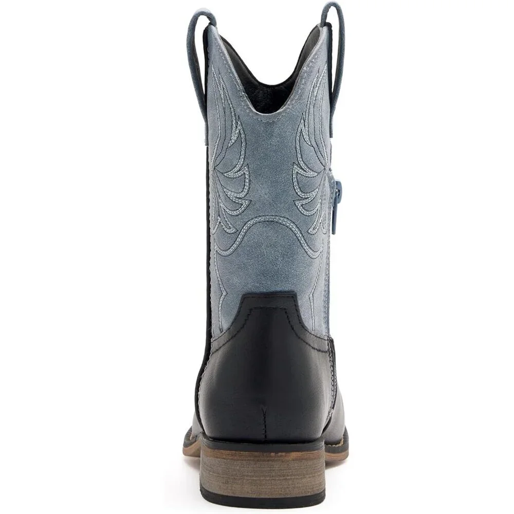 ⚡Girls Blue Black Embroidered Cowgirl Boots Western Square Toe Mid Calf